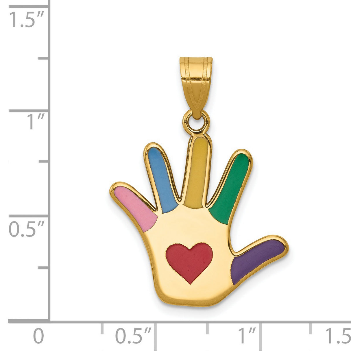14k Yellow Gold Hand Pendant with Multicolor Enamel Fingers and Red Heart, Love and Diversity Symbol