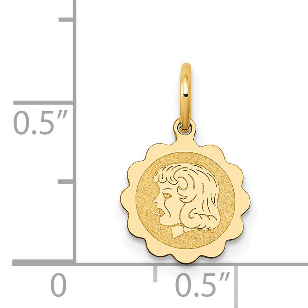Girl Head on .009 Gauge Engravable Scalloped Disc Charm Pendant in Real 14k Yellow Gold