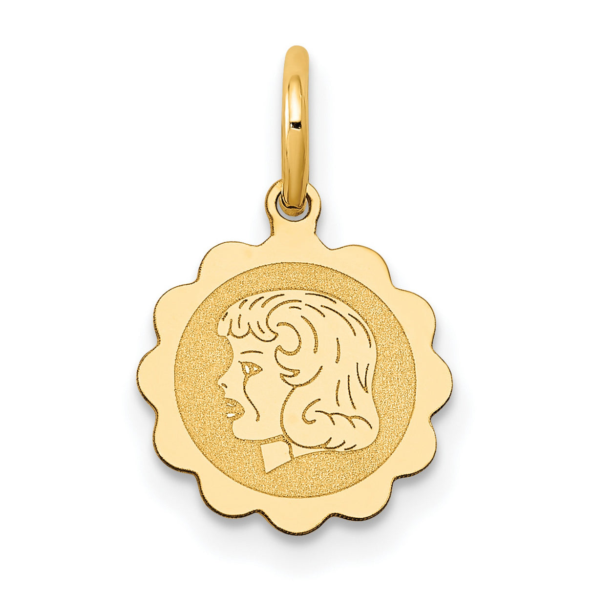 Girl Head on .009 Gauge Engravable Scalloped Disc Charm Pendant in Real 14k Yellow Gold
