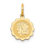Girl Head on .009 Gauge Engravable Scalloped Disc Charm Pendant in Real 14k Yellow Gold