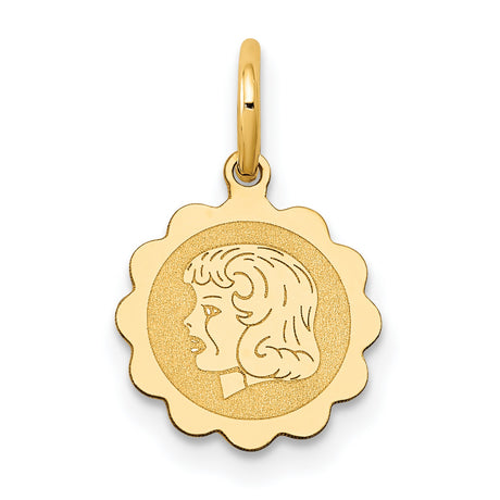 Girl Head on .009 Gauge Engravable Scalloped Disc Charm Pendant in Real 14k Yellow Gold