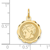 14k Yellow Gold Pendant with Boy Profile, Scalloped Edge Circle Charm for Women