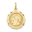14k Yellow Gold Pendant with Boy Profile, Scalloped Edge Circle Charm for Women