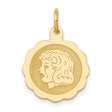 14k Yellow Gold Pendant with Female Silhouette on Scalloped Round Disk