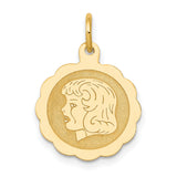 14k Yellow Gold Pendant with Female Silhouette on Scalloped Round Disk