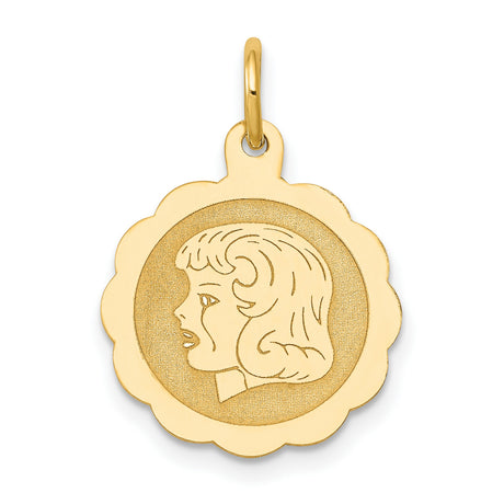14k Yellow Gold Pendant with Female Silhouette on Scalloped Round Disk