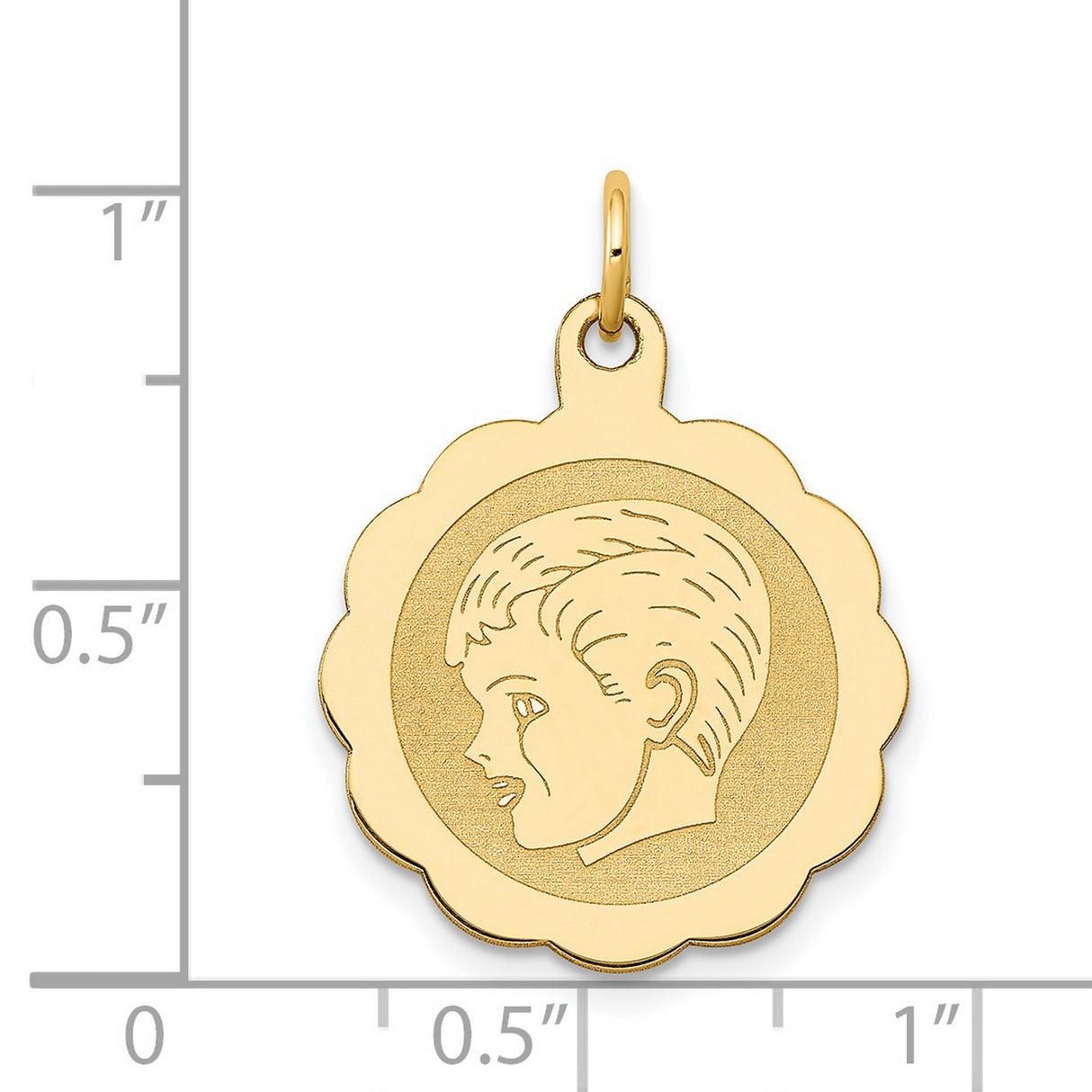 14k Yellow Gold Pendant, Boy Profile Disc Charm with Scalloped Edge, Minimalist Mother Keepsake