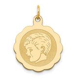 14k Yellow Gold Pendant, Boy Profile Disc Charm with Scalloped Edge, Minimalist Mother Keepsake