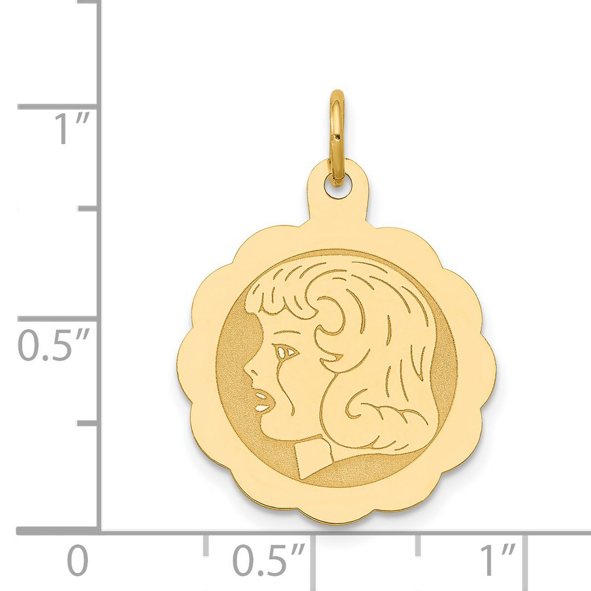 14k Yellow Gold Scalloped Disc Pendant with Crying Profile, Memorial Jewelry for Women or Unisex Wear