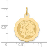 14k Yellow Gold Scalloped Disc Pendant with Crying Profile, Memorial Jewelry for Women or Unisex Wear