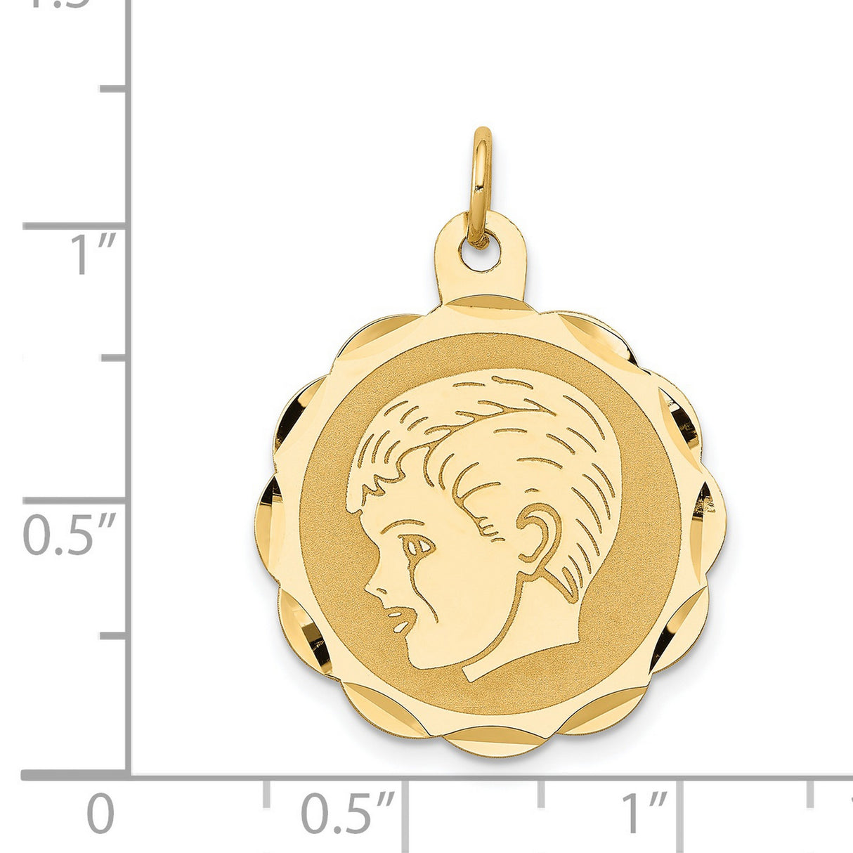 14k Yellow Gold Pendant, Boy Profile Disc Charm with Scalloped Edge, Meaningful Family Keepsake