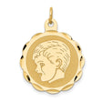 14k Yellow Gold Pendant, Boy Profile Disc Charm with Scalloped Edge, Meaningful Family Keepsake