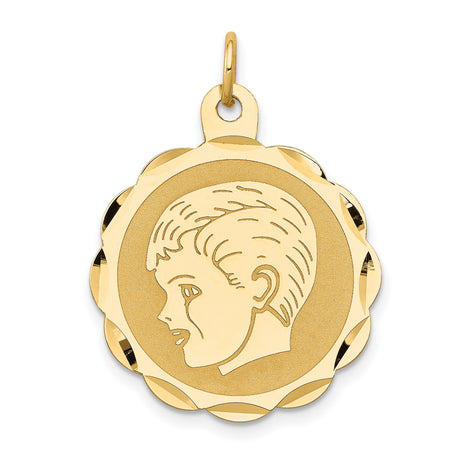 14k Yellow Gold Pendant, Boy Profile Disc Charm with Scalloped Edge, Meaningful Family Keepsake