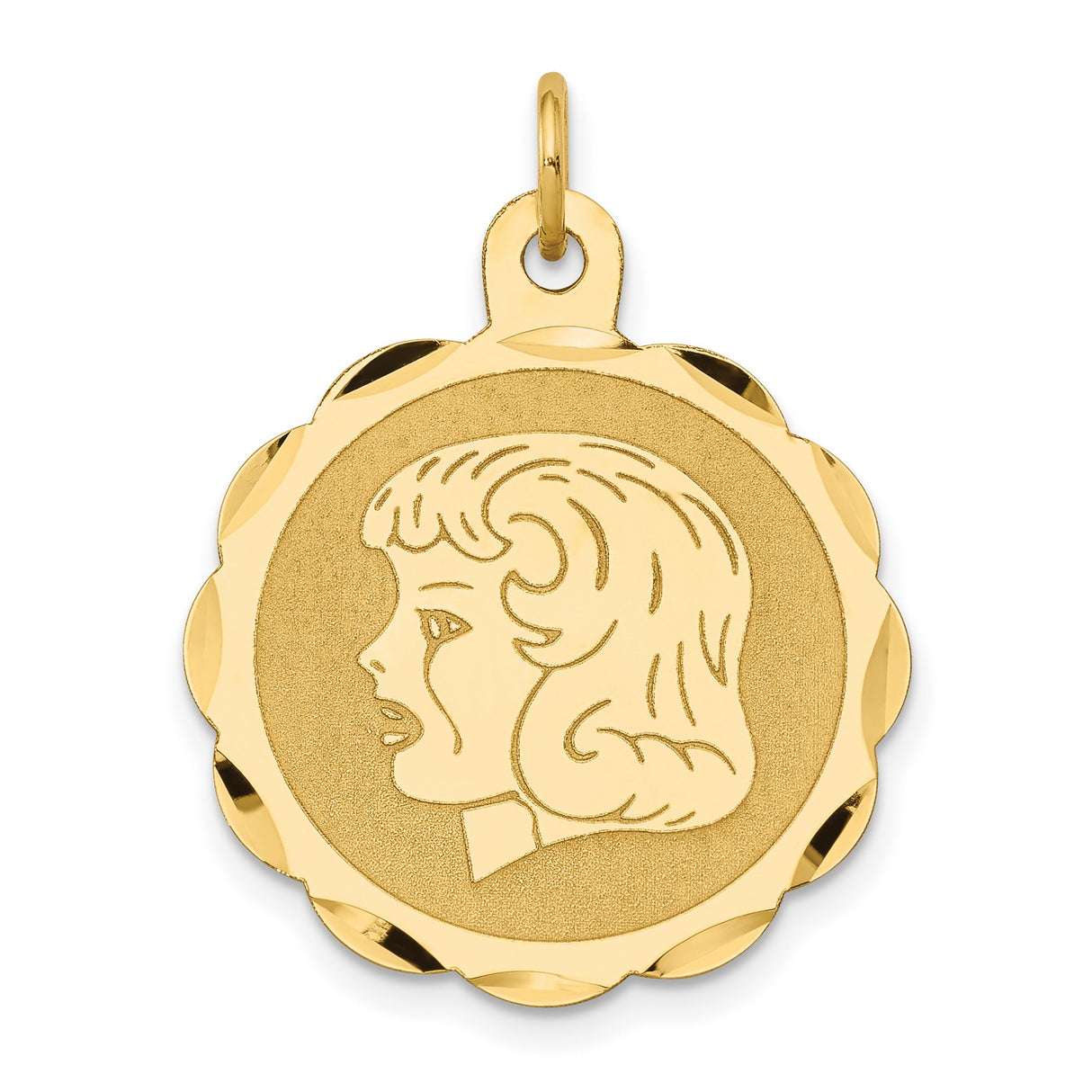 14k Yellow Gold Pendant, Girl Profile with Tear, Scalloped Edge Memorial Charm