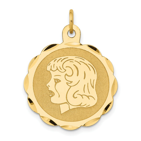 14k Yellow Gold Pendant, Girl Profile with Tear, Scalloped Edge Memorial Charm