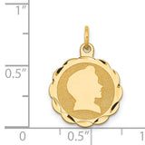 14k Yellow Gold Pendant with Scalloped Edge and Raised Female Profile, Vintage Cameo Style Charm