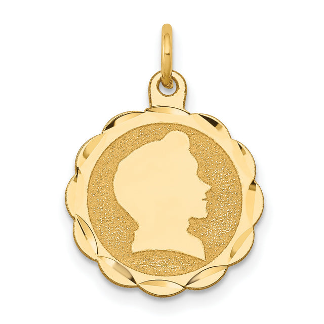14k Yellow Gold Pendant, Scalloped Coin Design with Female Silhouette, Vintage Medallion Charm