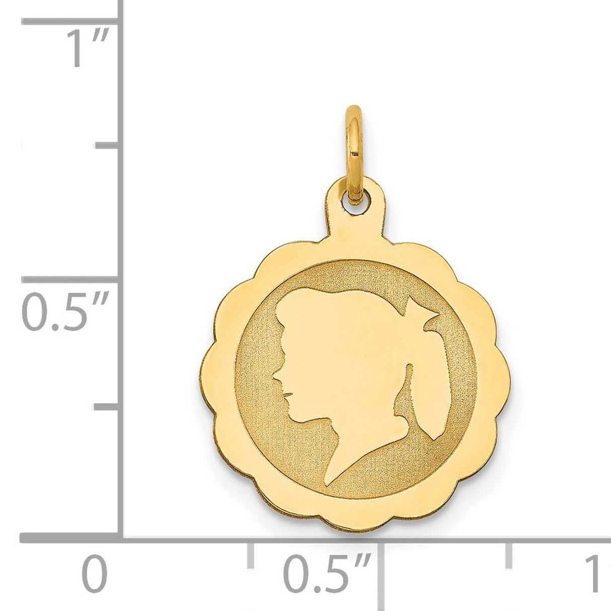 14k Yellow Gold Girl Silhouette Pendant with Scalloped Edge and Brushed Finish Charm