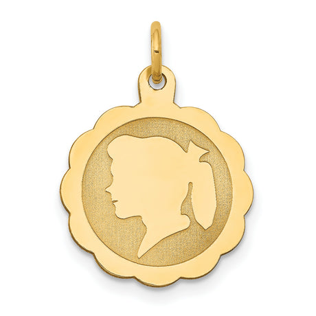 Girl Head on .018 Gauge Engravable Scalloped Disc Charm Pendant in Real 14k Yellow Gold