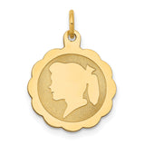 14k Yellow Gold Girl Silhouette Charm Pendant with Scalloped Edge and Polished Finish