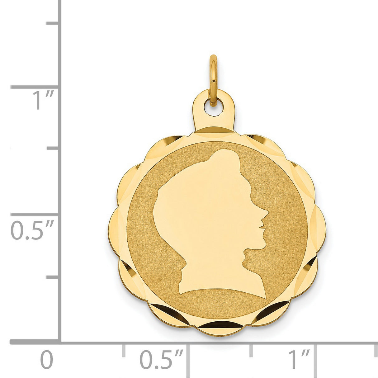 14k Yellow Gold Pendant, Woman Silhouette Medallion with Textured Disc and Scalloped Edge
