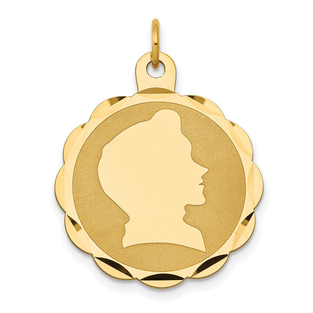 14k Yellow Gold Pendant, Scalloped Edge with Woman Profile over Matte Background