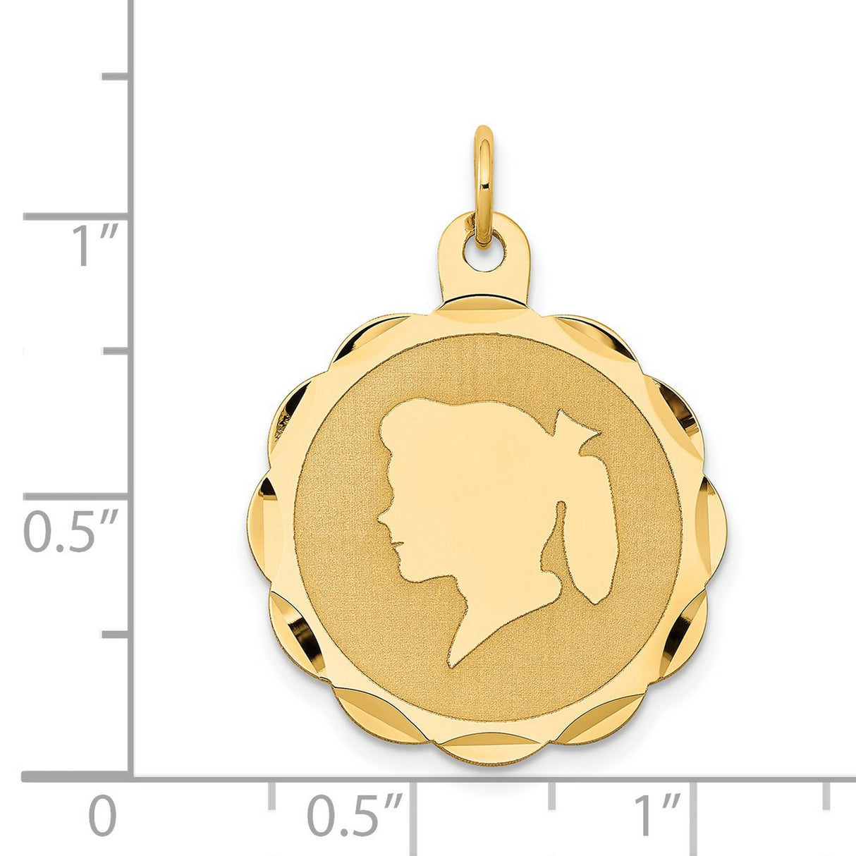 14k Yellow Gold Girl Silhouette Pendant with Brushed Finish and Scalloped Edge Charm