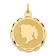 14k Yellow Gold Pendant with Girl Silhouette Profile, Scalloped Edge Memorial Charm