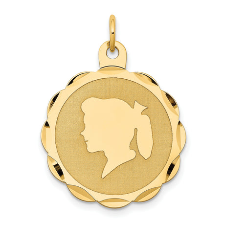 14k Yellow Gold Girl Silhouette Pendant with Brushed Finish and Scalloped Edge Charm
