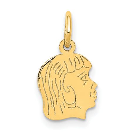 .013 Depth Engravable Girl Head Charm Pendant in Real 14k Yellow Gold