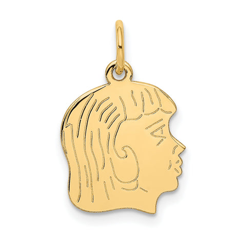 .011 Depth Engravable Girl Head Charm Pendant in Real 14k Yellow Gold