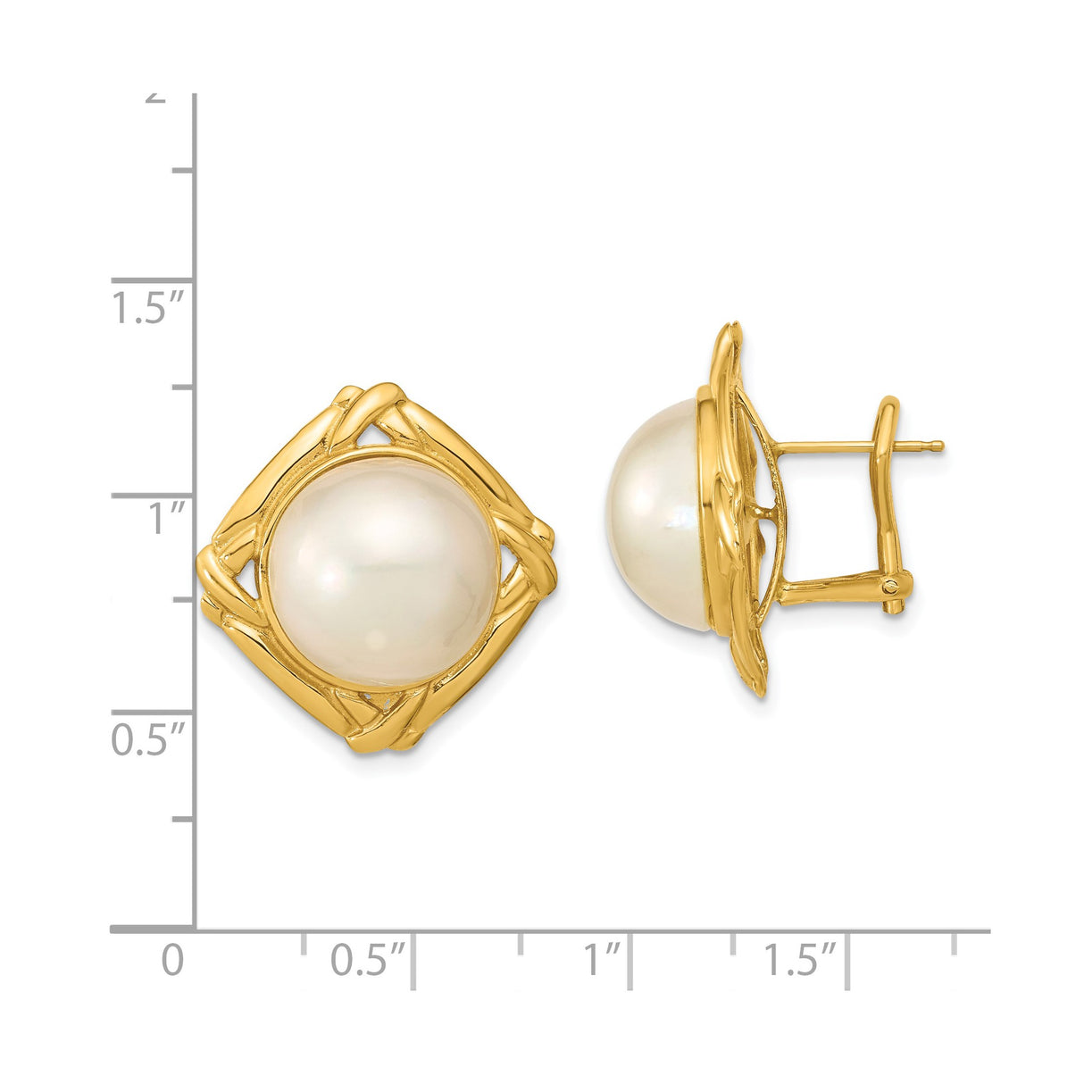 14k Yellow Gold Clip-On Earrings with Cultured White Mabe Pearl, Square Openwork Design