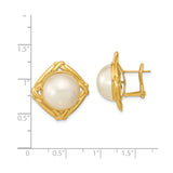 14k Yellow Gold Clip-On Earrings with Cultured White Mabe Pearl, Square Openwork Design