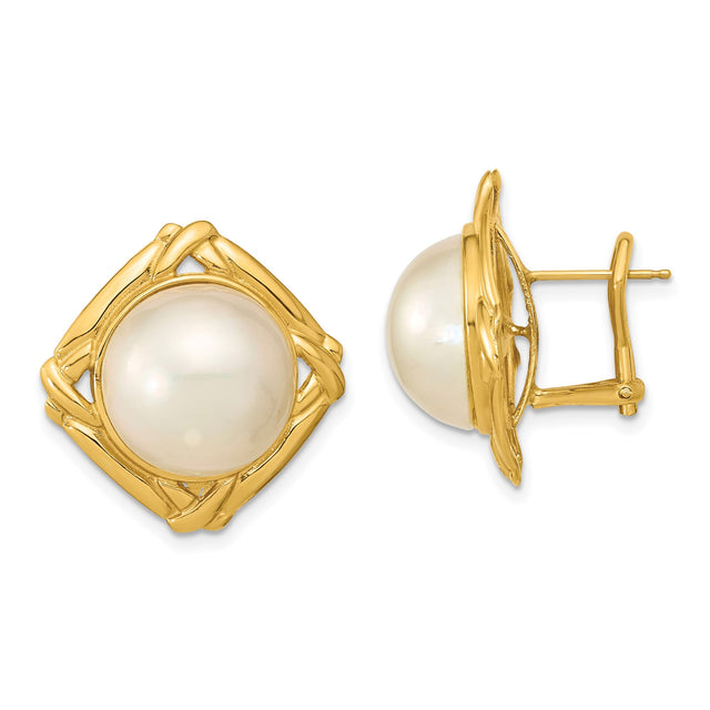 14k Yellow Gold Clip-On Earrings with Cultured White Mabe Pearl, Square Openwork Design