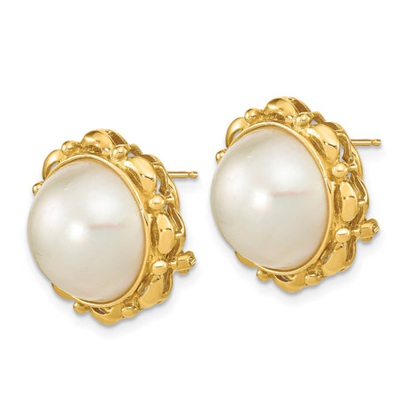 14k Yellow Gold Stud Earrings with White Cultured Pearls, Vintage Floral Bezel Setting