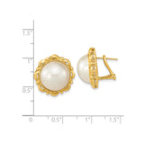 14k Yellow Gold Stud Earrings with White Cultured Pearls, Vintage Floral Bezel Setting