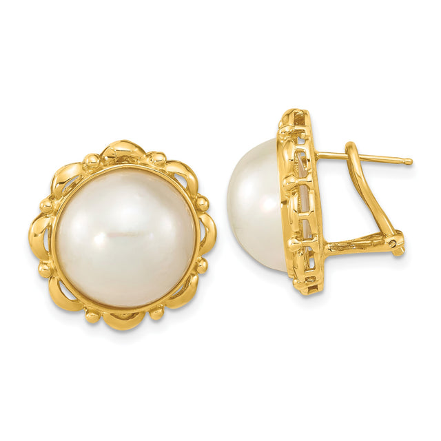 14k Yellow Gold Stud Earrings with White Cultured Pearls, Vintage Floral Bezel Setting
