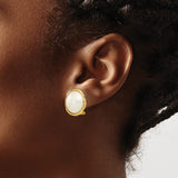 14k Yellow Gold Stud Earrings with White Pearls in Bezel Setting, Classic Womens Jewelry