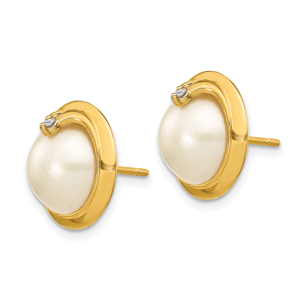 14k Yellow Gold Stud Earrings with Round White Cultured Pearls and Diamond Accents