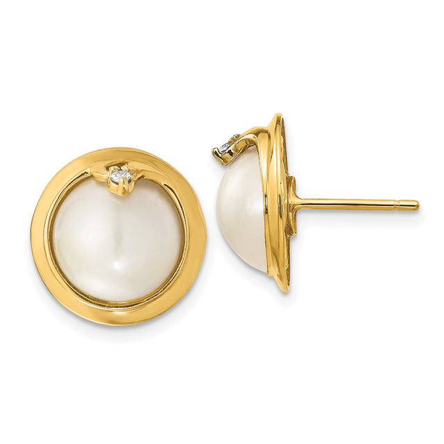 14k Yellow Gold Stud Earrings with Round White Cultured Pearls and Diamond Accents