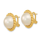 14k Yellow Gold Stud Earrings with Round White Pearls, Button Style, Twisted Rope Design