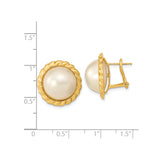 14k Yellow Gold Stud Earrings with Round White Pearls, Button Style, Twisted Rope Design