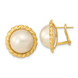 14k Yellow Gold Stud Earrings with Round White Pearls, Button Style, Twisted Rope Design