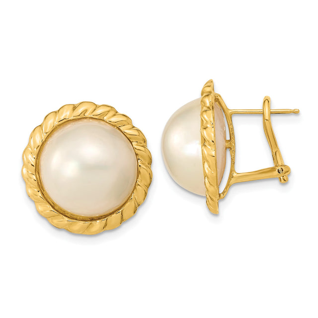 14k Yellow Gold Stud Earrings with Round White Pearls, Button Style, Twisted Rope Design