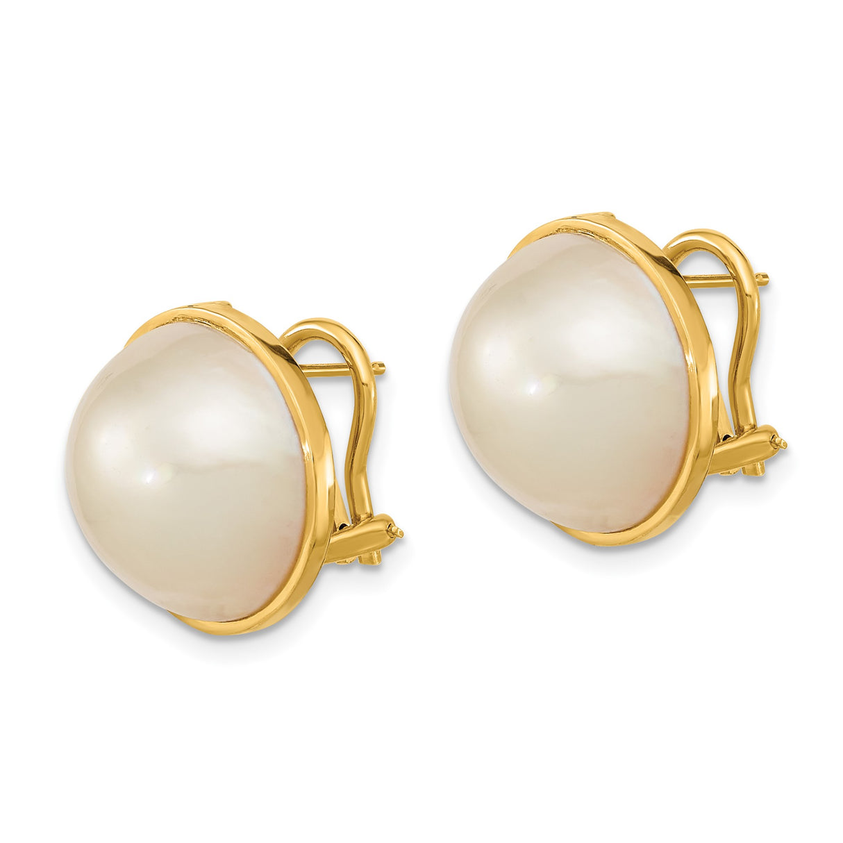 14k Yellow Gold Pearl Stud Earrings, Round Button White Cultured Pearls, Classic Bezel Setting
