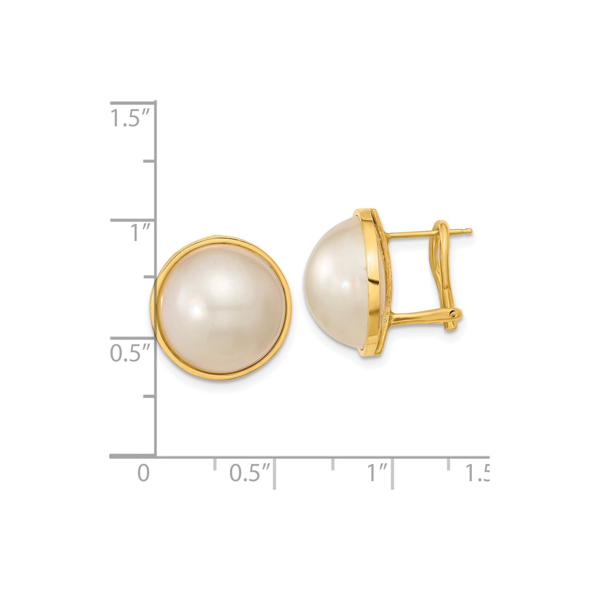 14k Yellow Gold Pearl Stud Earrings, Round Button White Cultured Pearls, Classic Bezel Setting