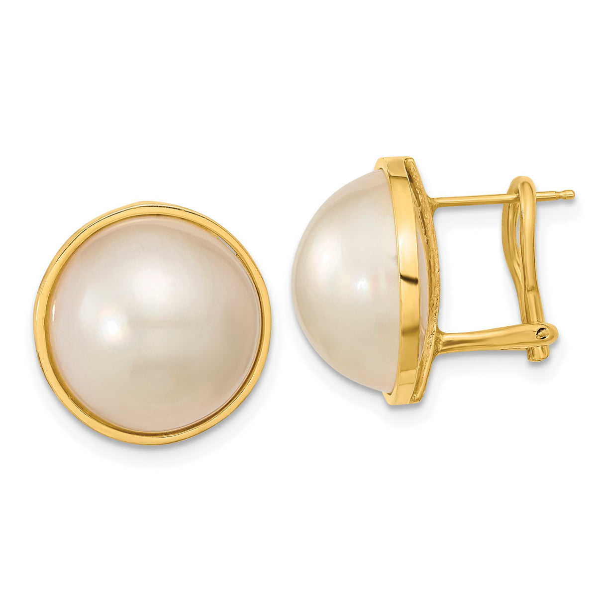 14k Yellow Gold Pearl Stud Earrings, Round Button White Cultured Pearls, Classic Bezel Setting