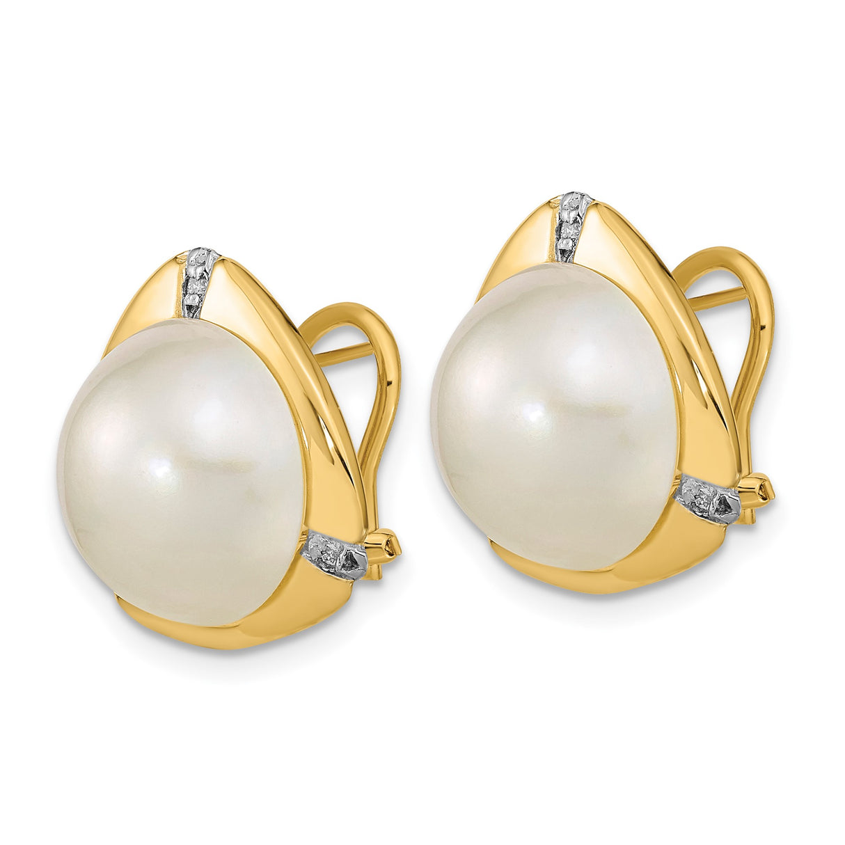 14k Yellow Gold Stud Earrings with White Cultured Pearls and Diamond Accents in Triangular Bezel Setting