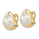 14k Yellow Gold Stud Earrings with White Cultured Pearls and Diamond Accents in Triangular Bezel Setting