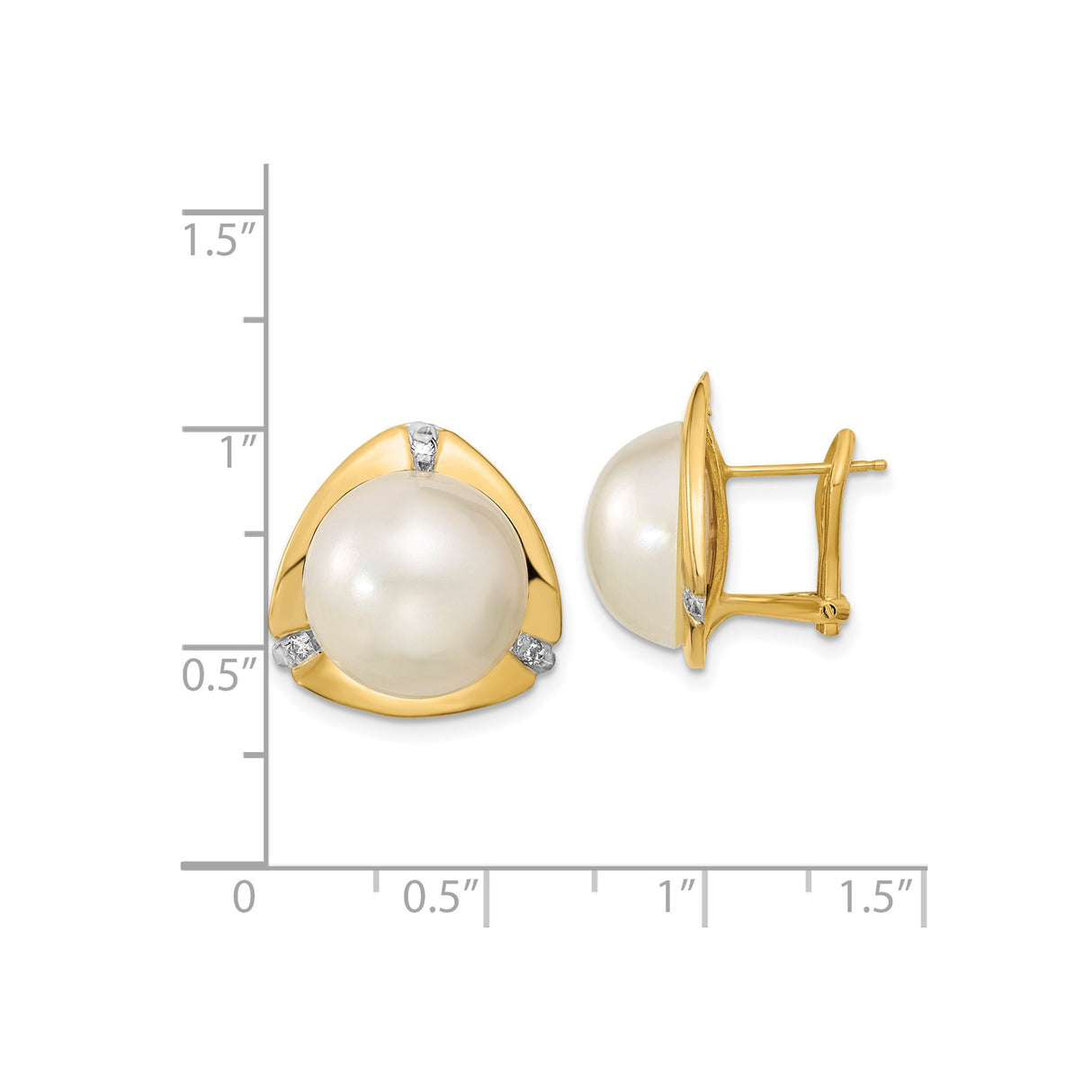 14k Yellow Gold Stud Earrings with White Cultured Pearls and Diamond Accents in Triangular Bezel Setting
